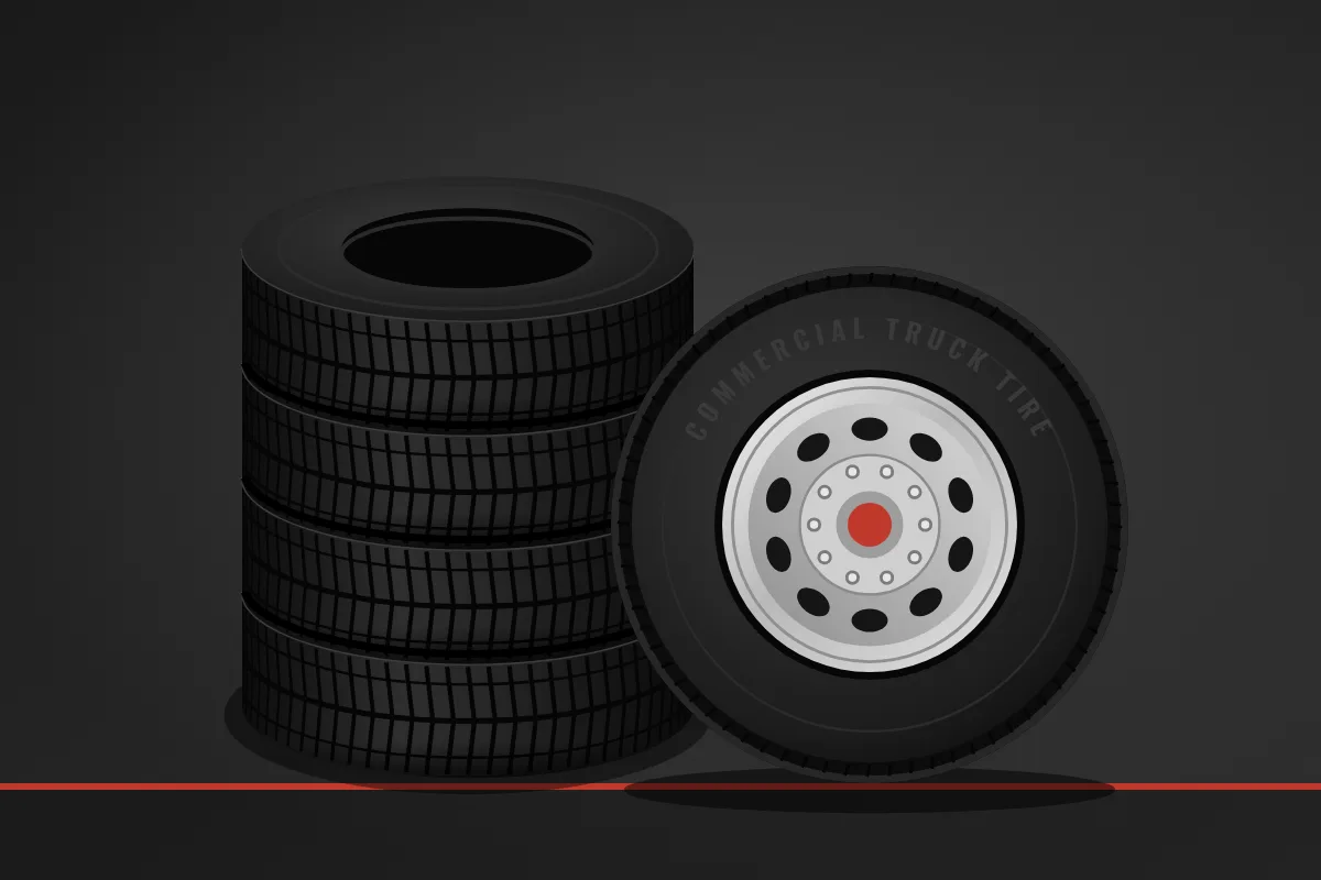 Stack of semi truck tires next to a commercial truck tire on a steel wheel